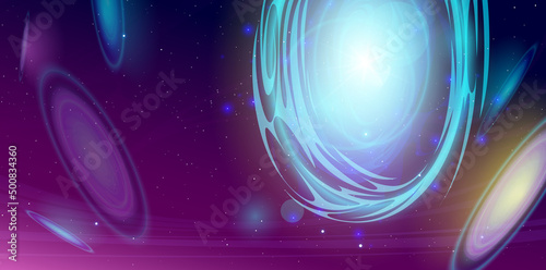 Space portals in Universe, galaxy wormhole or blackhole funnels for travel through time with million stars and nebulae around. Science fiction vortex hyperspace tunnels, Cartoon vector illustration