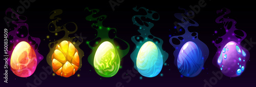 Dinosaur and reptile cartoon eggs, game assets. Magic dragon eggs with colorful textured shell, pimples, glowing scales and power energy lightnings and pattern. Isolated ui graphic objects vector set