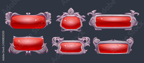 Game frames, medieval ui menu borders with silver rims and red glass glossy plaques. 2d buttons or banners elements, empty royal gui bars for rpg or arcade gamer panel interface, Cartoon vector set