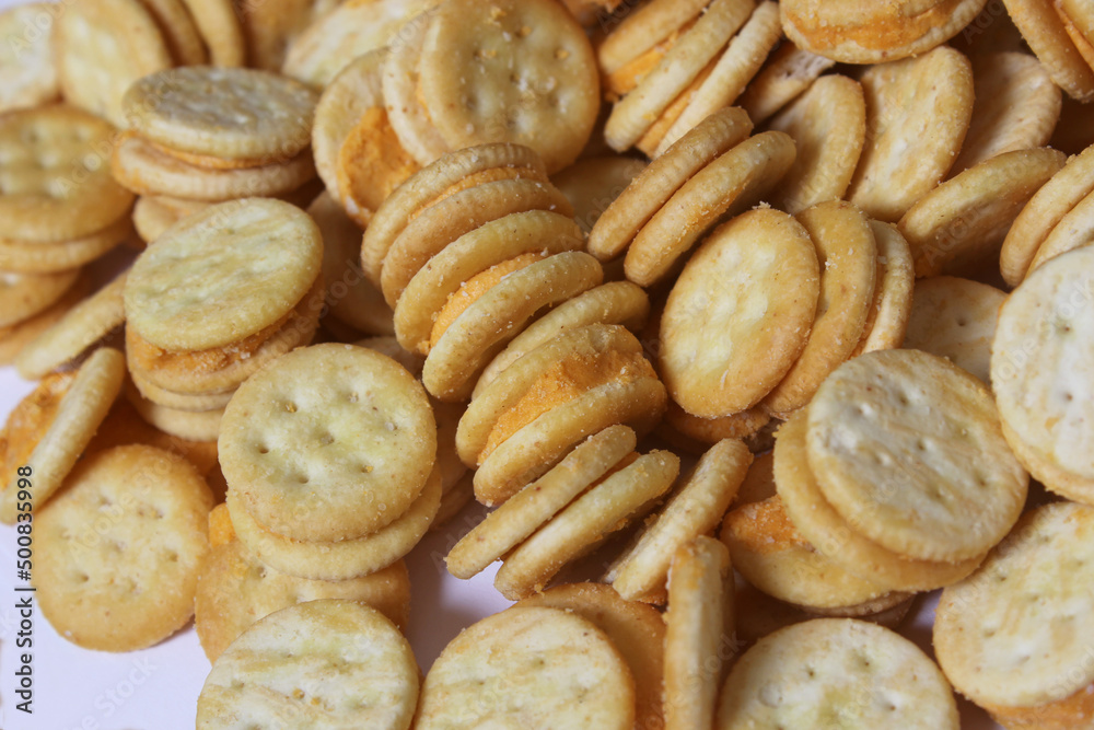 Pile of Cheese Snack Crackers Close up
