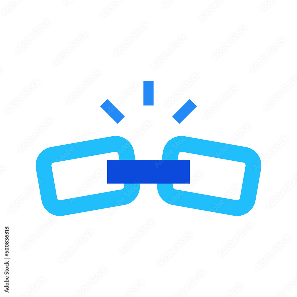 Broken link icon vector graphic illustration in blue Broken link icon vector graphic illustration in blue