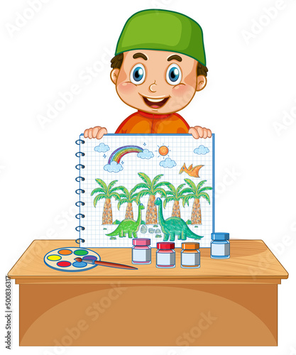 A boy holding notebook with a doodle sketch design on white background