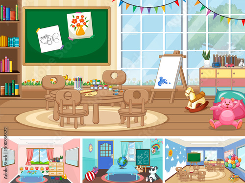 Set of different kindergarten classroom scenes