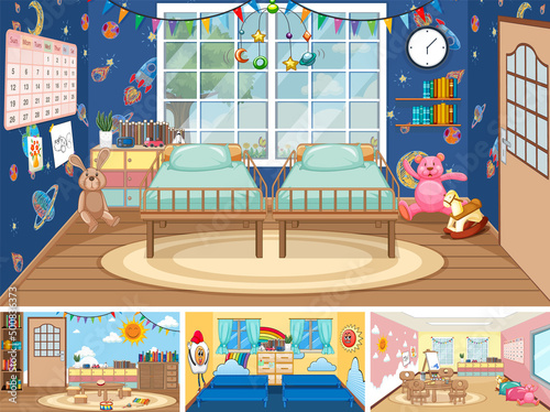 Set of different kindergarten classroom scenes
