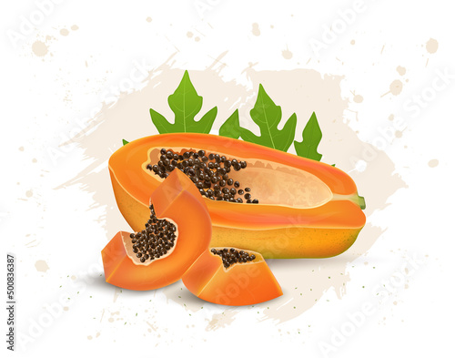 Half Papaya vector illustration with papaya slices and seeds with green leaves