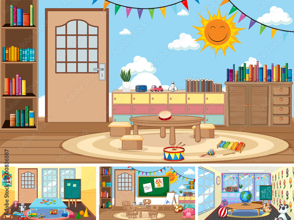 Set of different kindergarten classroom scenes Set of different kindergarten classroom scenes