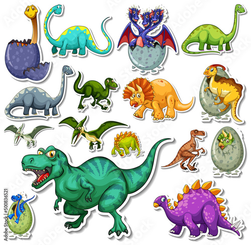 Sticker set of different dinosaurs cartoon