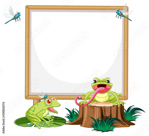 Blank wooden signboard with frog in cartoon style