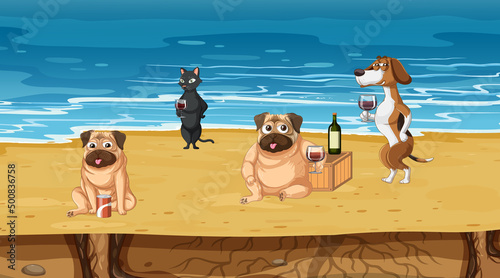 Outdoor beach scene with many dogs and camels