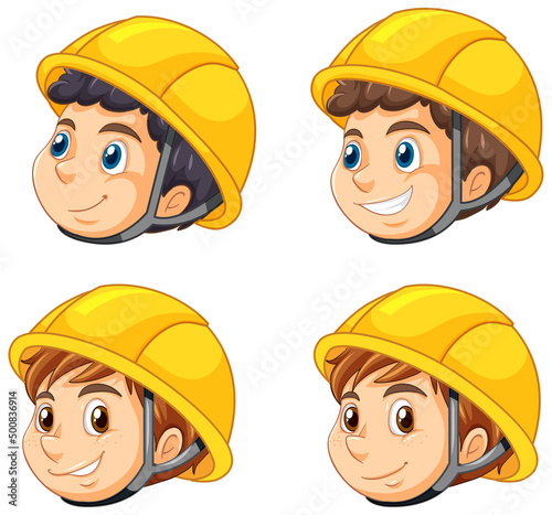 Set of different engineers wearing yellow helmet
