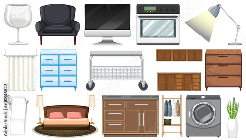 Furniture and household appliances on white background