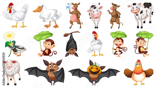 Many farm animals on white background