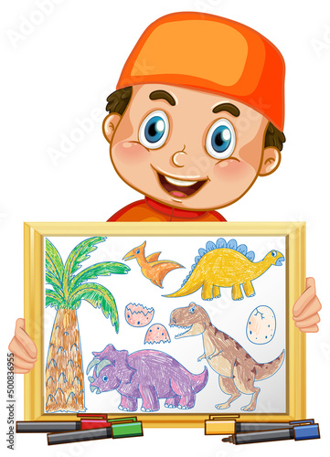 Happy boy holding his art work