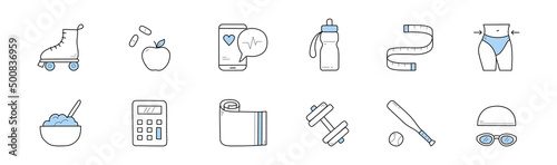 Fitness and healthy lifestyle icons with diet food, gym equipment, slim waist and measure tape. Vector hand drawn signs of workout and sport with dumbbell, yoga mat, water bottle, baseball bat