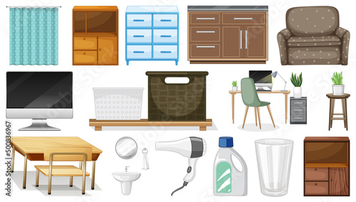 Furniture and household appliances on white background