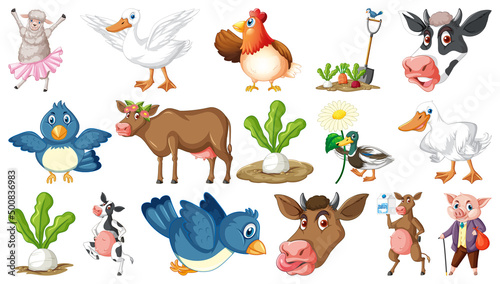 Many farm animals on white background