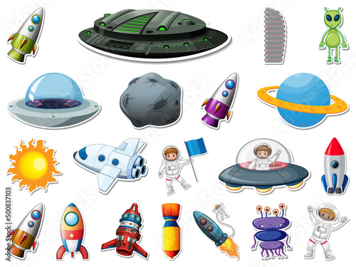 Sticker set of outer space objects and astronauts