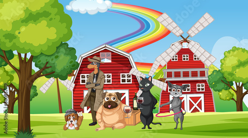 Set of different domestic animals in farm