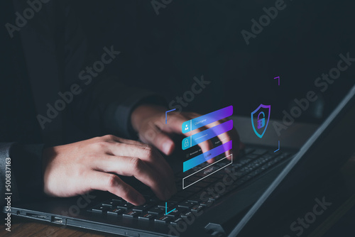 Cyber ​​Security. businessman using computer Network Login, Internet Security, Prevent Unauthorized Access, Personal Information, Authentication, Top Secret, Use the Internet Safely.