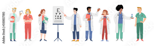 Ophthalmologists and nurses, medical staff of ophthalmology clinic. Vector flat illustration of optometry medicine with men and women professional optometrists with eye test chart, glasses and drops