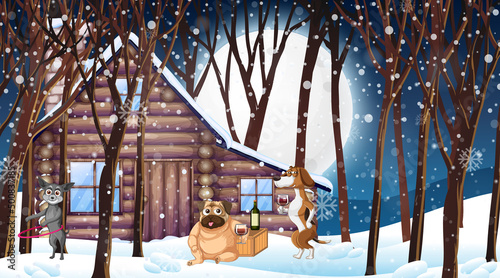 Snow outdoor park scene with many dogs