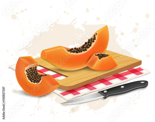 Slices of Papaya vector illustration with papaya slices with a sharp knife on a wooden chopping board