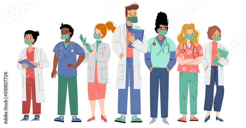 Doctors, nurses, professional medicine team. Health clinic, hospital, healthcare center staff in uniform and face masks. Vector flat illustration of people medical workers