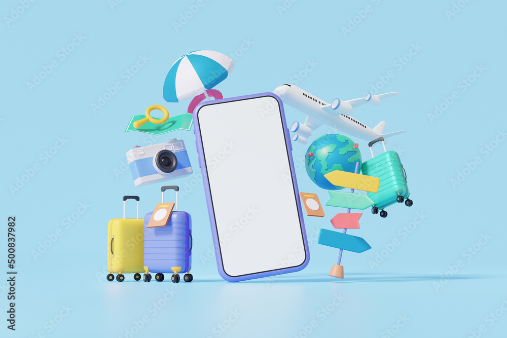 Suitcase camera and flight plane. travel online booking service on smartphone.Tourism trip planning world tour, leisure touring holiday summertime concept. banner, 3d render illustration - obrazy, fototapety, plakaty 