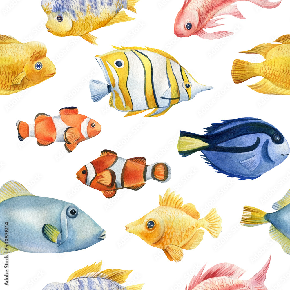 Naklejka premium Seamless pattern with fish. Watercolor illustration. Nautical background for wallpaper, textile design, covers, paper