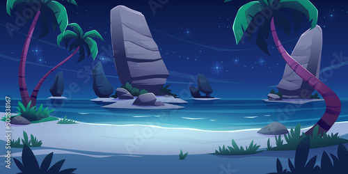 Ocean beach with palm trees and rocks in water at night. Vector cartoon illustration of seascape, tropical landscape with sand shore, rocks, trees in moonlight and shiny stars in sky