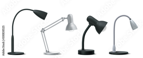 Table lamps, realistic 3d office work supplies set. Silver and black metal desk bulbs modern and retro design, isolated electric devices for home, office and room illumination, Vector illustration