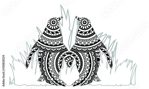 Coloring Page. Adult Coloring Book. Puffin, seabird of North Pacific and Atlantic Oceans. Emperor Penguins couple in love. Antistress freehand sketch collection with doodle and zentangle elements