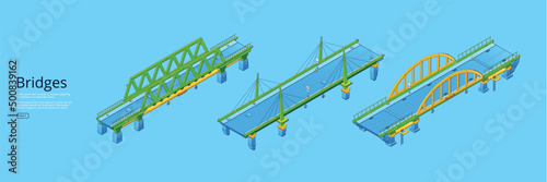 Bridges isometric web banner with city famous landmark, architecture agency service. Urban drawbridges construction, infrastructure on piles for crossing water or road. 3d vector line art illustration