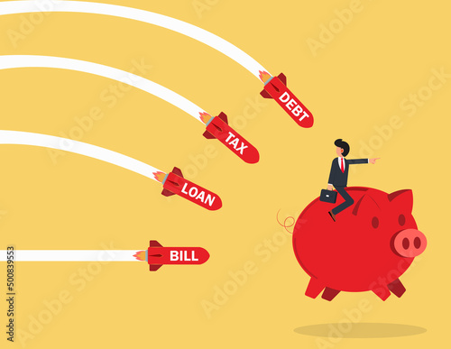 Businessman rides a piggy bank to escape business troubles. Financial crisis concept