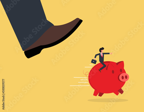 Businessman riding a piggy bank to escape crisis and business troubles. management and savings concept