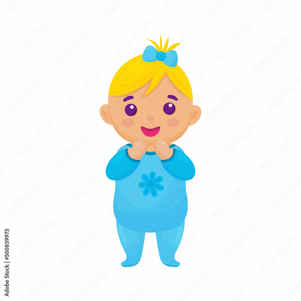 Doll toy. Kid is standing and smiling. Little girl with the ponytail is happy. Vector illustration isolated on white background. Doll toy. Kid is standing and smiling. Little girl with the ponytail is happy. Vector illustration isolated on white background.