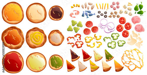 Pizza constructor, food creator with bases, toppings and ingredients for book of recipes, cooking class, Italian cafe or pizzeria menu design. Vegetable, cheese, sausages, seafood Cartoon vector set