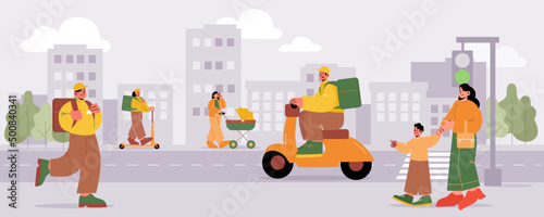 People walk at city street, characters go along the road on cityscape background. Mother with baby in stroller and toddler, delivery couriers riding scooter and bicycle, Line art vector illustration