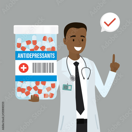 African american doctor holds bottle of antidepressants. Help with psychological stress or mental problems. Pharmacist presents medicines. Pill packaging. Healthcare, pharmacy.