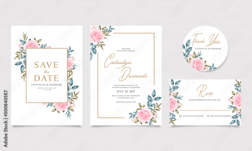 Set of wedding invitation card templates with watercolor beautiful roses and leaves decoration