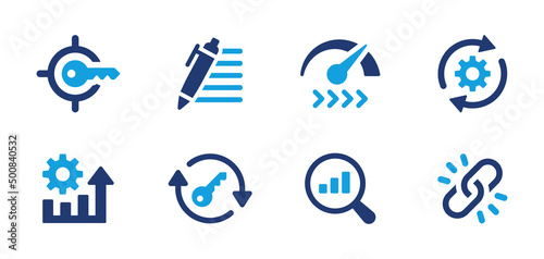 SEO Digital Marketing web banner. Business and marketing, traffic, ranking, optimization, link and keyword icon vector illustration.