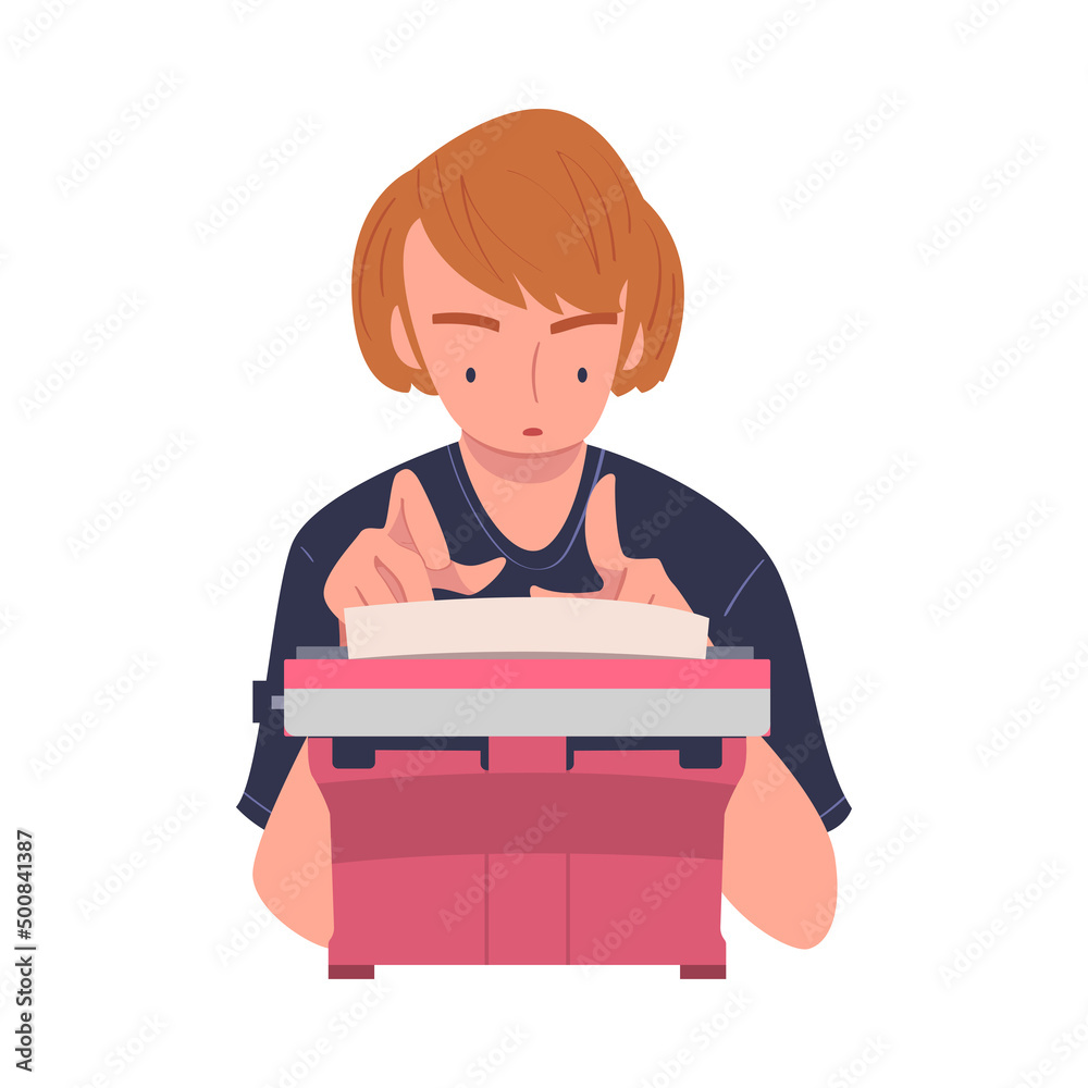 Woman Writer Character at Typewriter Writing Book Engaged in Creative Literary Work Vector Illustration