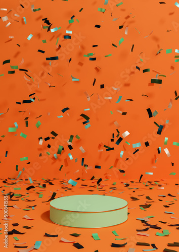 Neon orange, bright red 3D rendering product display pedestal stand anniversary products, celebration with confetti around podium with golden line for luxury products simple, minimal background