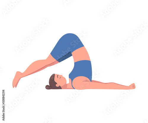 Young Woman Practicing Yoga Asana or Pose Stretching Body Vector Illustration