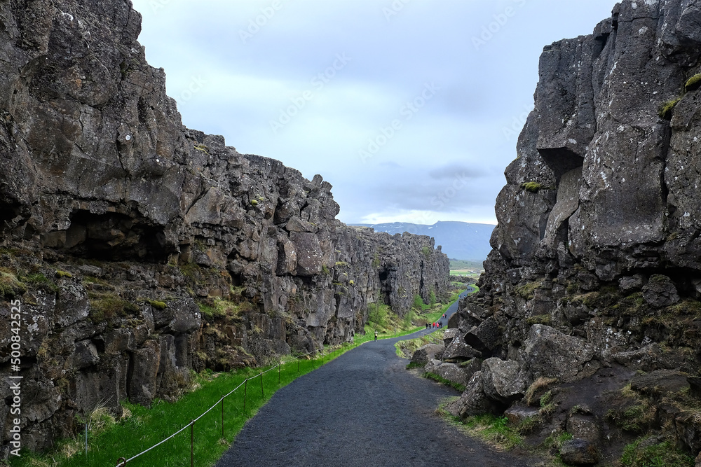 visitor path between the tectonic plates of Thingvellir National Park. Iceland