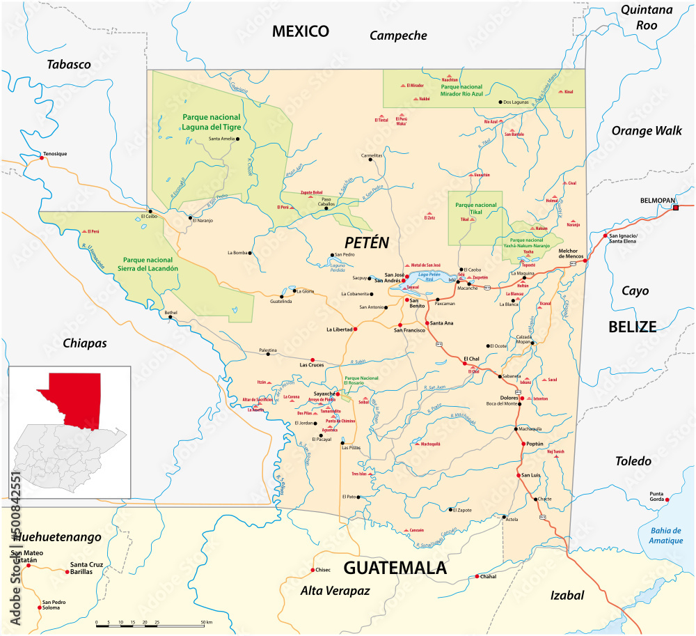 Obraz premium Roads and national park map of Peten State, Guatemala