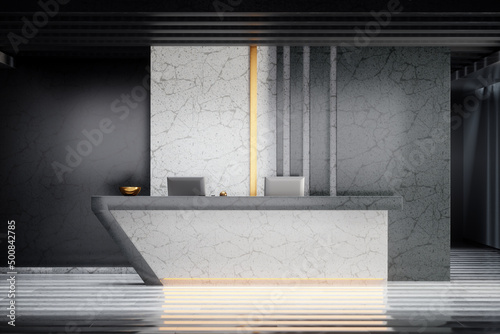 reception table. Modern office interior with white and dark marble walls and reception desk. Modern Design, Luxury Style, Mockup, Mock up, 3D Render, 3D Illustration.