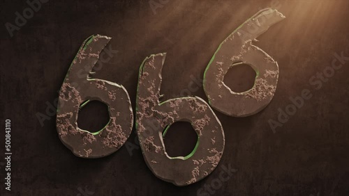 High quality dramatic motion graphic of the devil's 666 symbol, rapidly eroding and rusting and decaying, with warm atmospheric light rays and dust motes photo