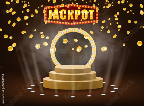 Jackpot shining banner podium winner falling gold coins. Round stage pedestal fo award ceremony. Vector illustration