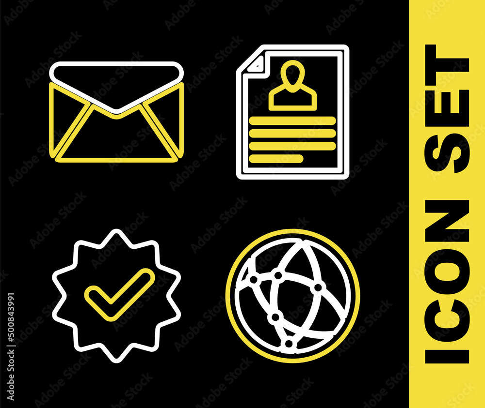 Set line Resume, Social network, Approved and check mark and Envelope icon. Vector Set line Resume, Social network, Approved and check mark and Envelope icon. Vector